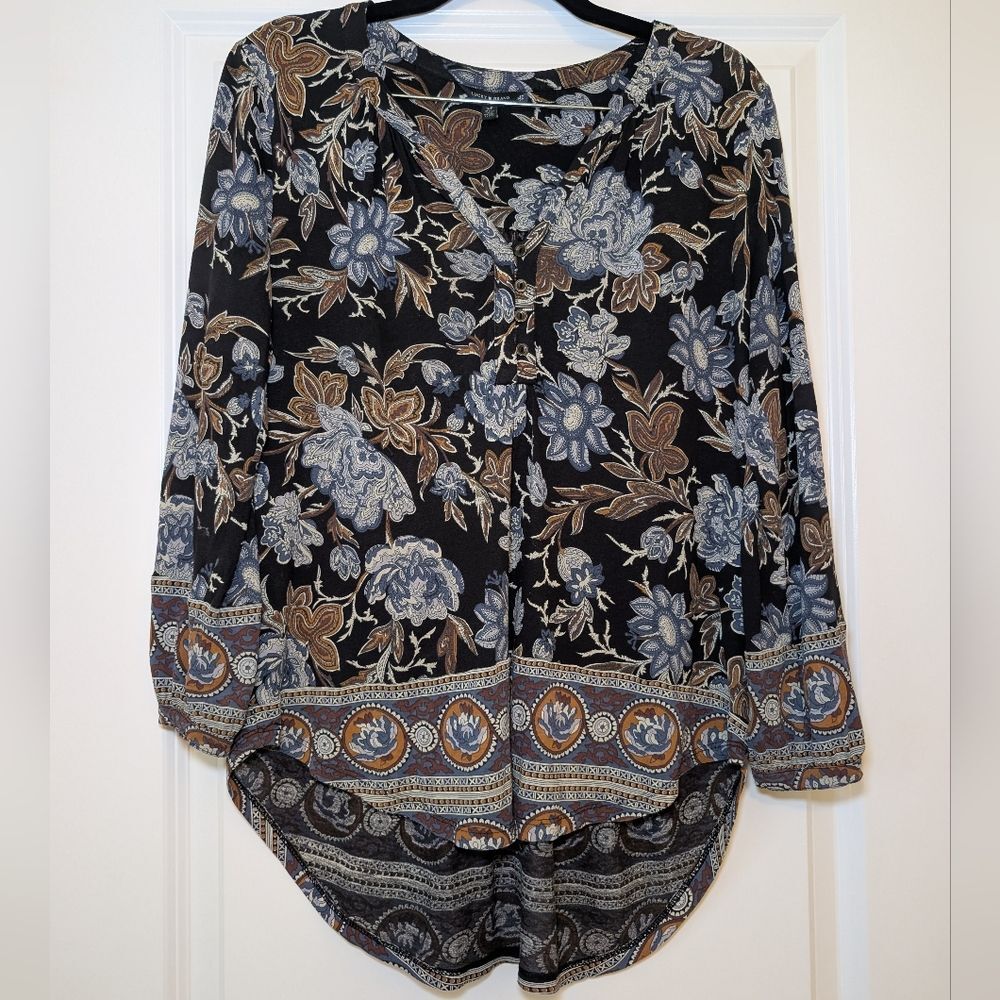 Lucky Brand Women's Size Small Boho Floral 3/4 Sleeve Henley High Low Tunic
